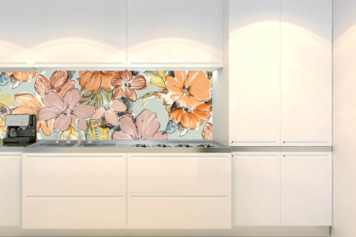 Küchenrückwand Folie - Blumenmuster Auf Blauem Stoff 180 x 60 cm