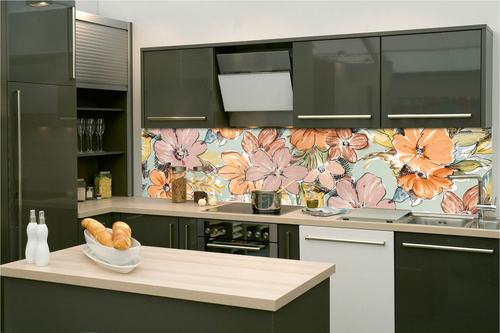 Küchenrückwand Folie - Blumenmuster Auf Blauem Stoff 260 x 60 cm